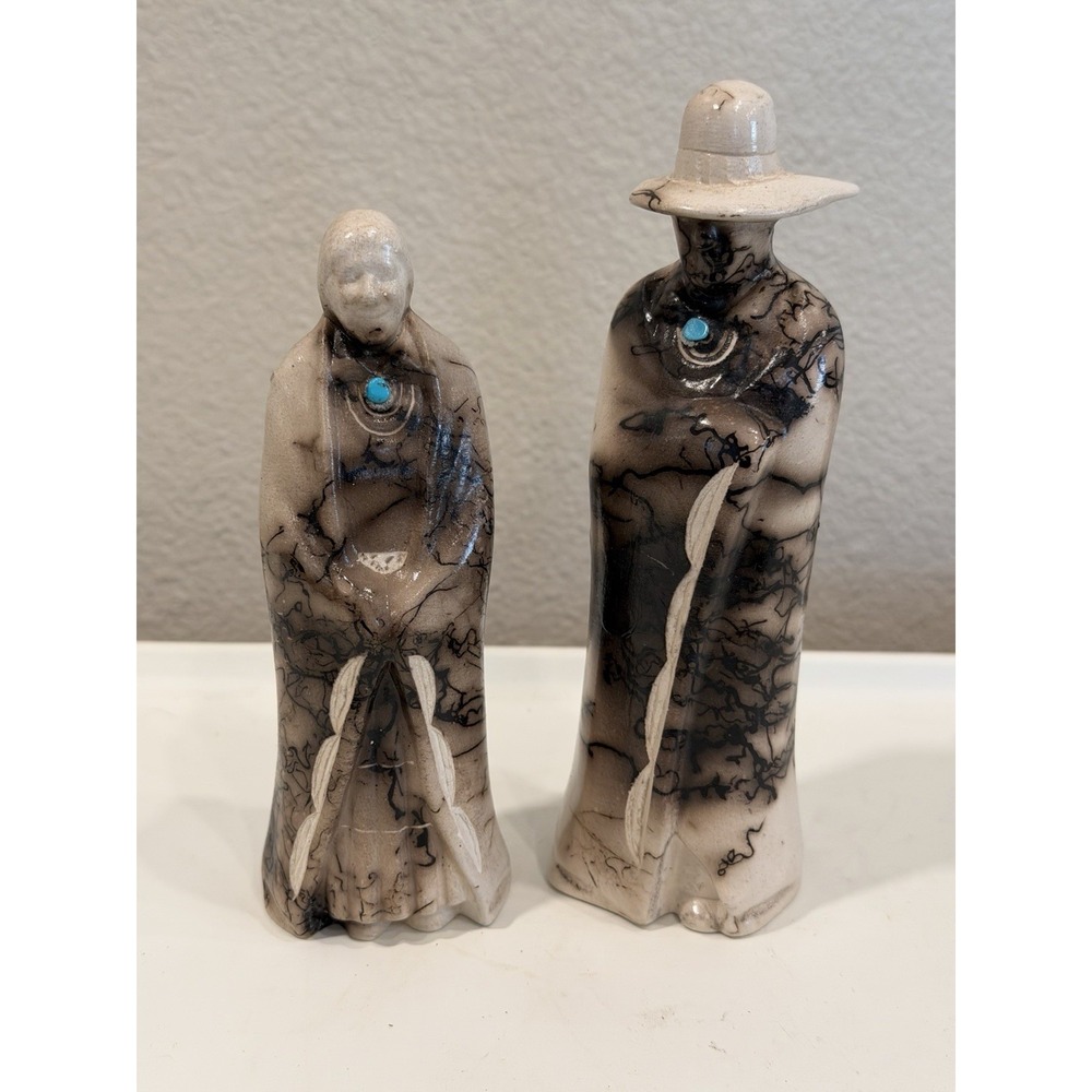 Native American Horsehair Pottery Storyteller Pair Navajo Style Turquoise Signed